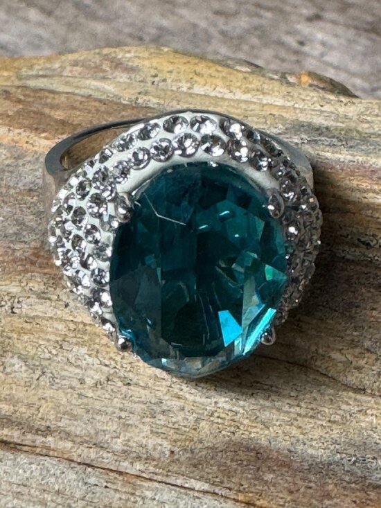 Sterling Jewelry - Sterling Silver Teal Blue Glass CZ Halo Statement Ring Women Size 9 10.88g